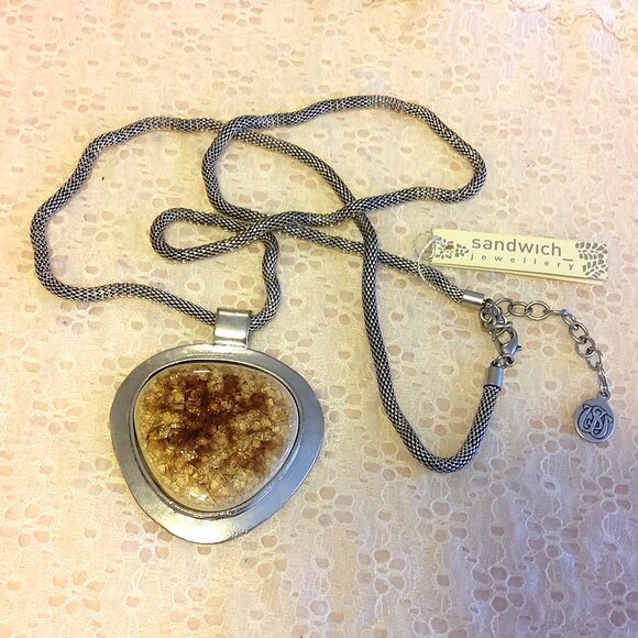 Vintage NEW sandwich jewellery Brown Clear Crystal Art Deco Silver Necklace - Picture 3 of 8